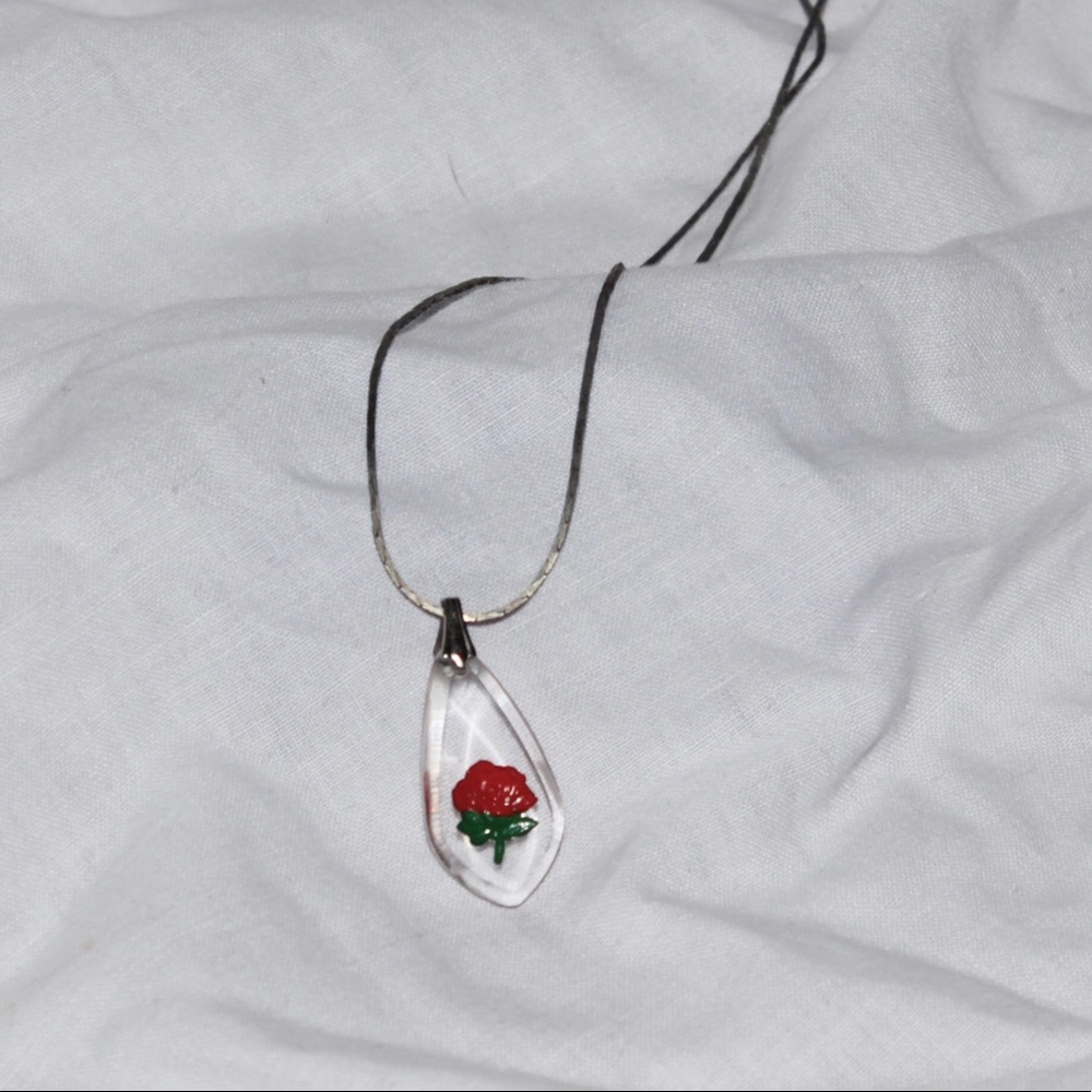Vintage red rose clear pendant necklace